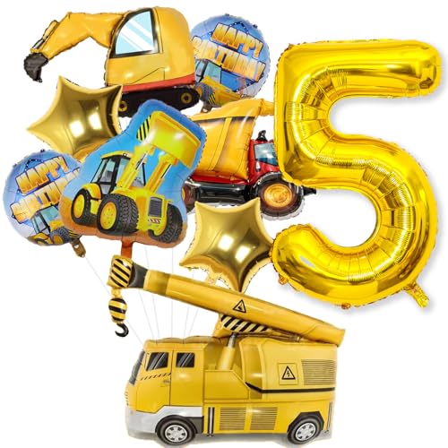 Bagger Geburtstag Deko 5 Jahre, Baustellen Deko kindergeburtstag 5 mit Bagger Luftballons XXL Ballon 5. Geburtstag Druck Luftballons Happy Birthday Folienballons für Bagger Geburtstagsdeko 5. Junge von Jobkoo