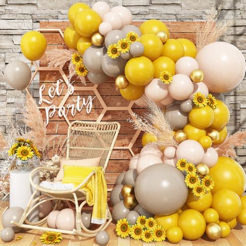 Ballon Girlande Beige Gelb, Doppelschichten Luftballon Girlande mit Metallic Gold Luftballons, Apricot Nude Aprikosen Gelb Luftballons 91 Stück für Geburtstag Verlobung Baby Shower Party Dekoration von Jobkoo