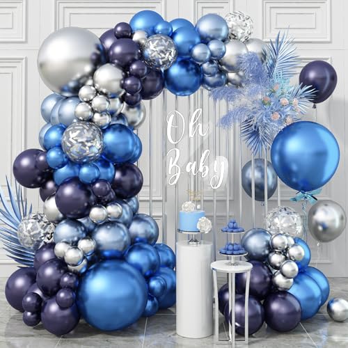 Ballon Girlande Blau Silber, Luftballons Silber Dunkel Marine Blau Luftballongirlande Blau mit Metallic Blau Hellblau Silber Konfetti Helium Latexballons für Junge Geburtstag Hochzeit Babyparty Deko von Jobkoo