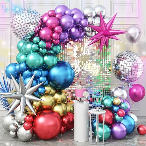 Luftballons Metallic 80er 90er Jahre Party Deko Retro Disco Mottoparty Ballon Girlande Set mit Chrom Bunt Ballons mit Discoball Explosion Stern Folienballons für 80er 90er Neon Geburtstag Galaxie Deko von Jobkoo