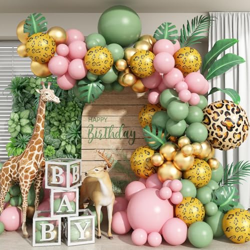 Ballon Girlande Rosa und Grün, 115 Stück Luftballons Sage Grün Gold Rosa mit 22 Zoll 4D Folienballon Metallic Luftballons Gold, Leopard Print Ballons für Dschungel Safari Jungen Geburtstagsdeko von Jobkoo