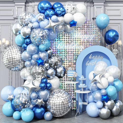 Blau Discokugel Luftballon Girlande, Luftballons Blau Weiß Silber mit 22 Zoll 4D Disco Folien Luftballon Stern Folienballon, Silber Konfetti Ballons für Disco Tanz Fever Geburtstag Party Dekoration von Jobkoo