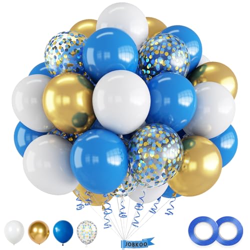 Luftballons Blau Gold, 60 Stück Luftballons Blau Weiß mit Blau Gold Konfetti Luftballons Metallic Gold Luftballons, Luftballons Hellblau Macaron Pastellblau für Kinder Graduierung Geburtstag Deko von Jobkoo