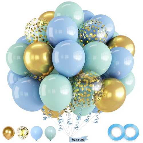 Luftballons Blau Grün, 60 Stück Luftballons Hellblaue Gold Grün Set mit Gold Konfetti Luftballons Metallic Gold Luftballons, Babyblue Pastellgrün Luftballon für Kinder Babyparty Geburtstag Party von Jobkoo