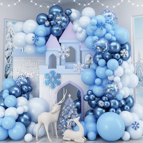 Jobkoo Luftballon Girlande Blau Winter Wonderland Ballon Set Metallic Blau Ballons Hellblau Babyblau Konfetti Latexballons für Jungen Babyparty Geburtstag Weihnachten Schneeflocken Taufe Party Deko von Jobkoo