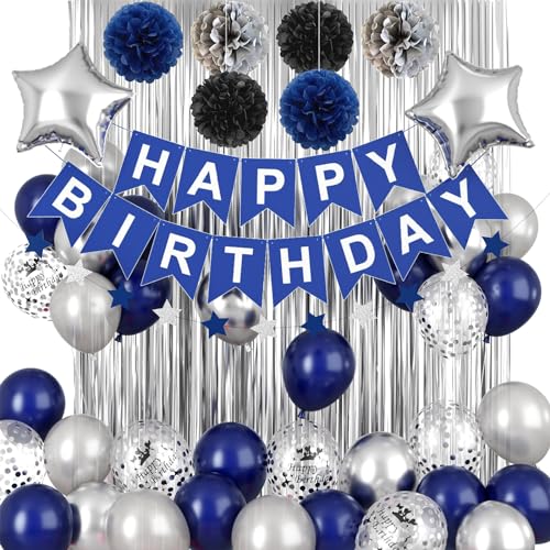 Geburtstagsdeko Blau Mann Jungen, Deko Geburtstags Blau Silber, Happy Birthday Banner Girlande Luftballons Silber Blau Folie Fransen Vorhänge Pompons für Frauen Mädchen Geburtstag Party Deko Blau von Jobkoo