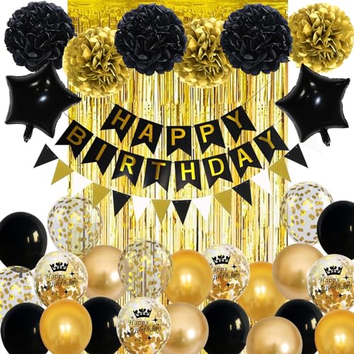 Geburtstagsdeko Schwarz Gold, Geburtstag Deko Schwarz Gold Party Deko mit Luftballons Gold Schwarz Happy Birthday Banner Girlande Pompons Lametta Vorhang für Frauen Mann Geburtstag Party Dekoration von Jobkoo