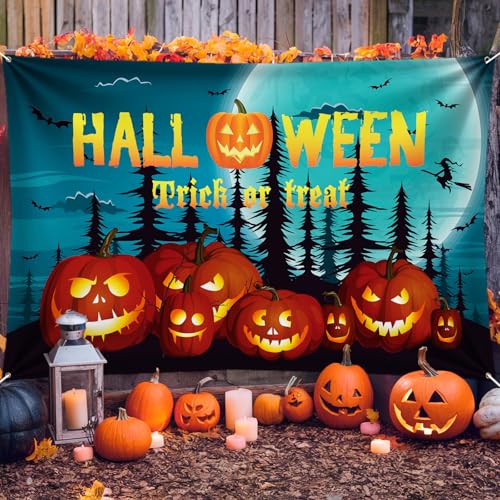 Halloween Banner, Großes Trick or Treat Kürbis Geist Happy Halloween Banner Deko, Grün Wald Fotohintergrund Halloween Hintergrund Hängende Schild Banner für Halloween Party Dekoration Drinnen Draußen von Jobkoo