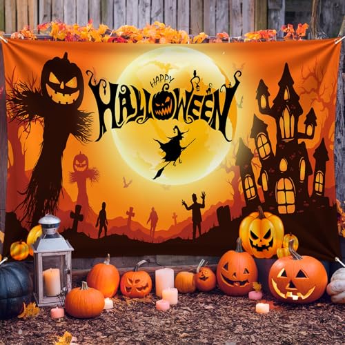 Halloween Banner, Vogelscheuche Halloween Banner Deko Fotohintergrund, Orange Scarecrow Gruselig Halloween Hintergrund Hängende Hexe Wand Zaun Banner für Friedhofs Halloween Party Dekorations Outdoor von Jobkoo