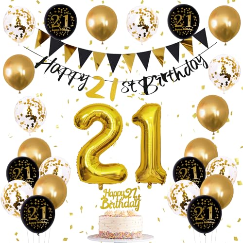 Jobkoo 21 Geburtstag Deko, Gold Schwarz Luftballons 21. Geburtstag Mann Geburtstagsdeko Schwarz Gold Happy Birthday Banner 21 Tortendeko 21 Geburtstag Ballon für Deko 21. Geburtstag Frau Deko 21 von Jobkoo