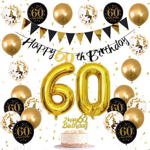 Jobkoo 60 Geburtstag Deko, Schwarz Gold Deko 60 Geburtstag Frau Mann 60. Geburtstag Luftballons Schwarze Gold Party Ballons 60 Happy Birthday Girlande Banner 60 Tortendeko für 60.ter Geburtstag Deko von Jobkoo