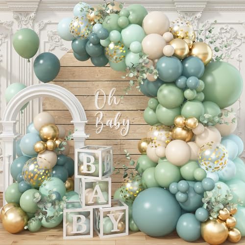 Jobkoo Ballon Girlande Grün Gold Beige, 122 Stück Salbeigrün Retro Pastell Grün Slate Blau Gold Weiß Sand Boho Luftballon Girlande Set für Geburtstag Babyparty Hochzeit Dschungel Verlobung Party Deko von Jobkoo