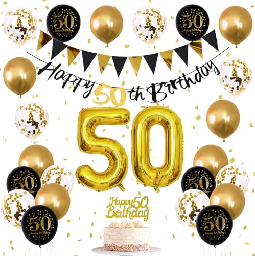 Jobkoo Deko 50. Geburtstag Mann, Luftballon 50 Geburtstag Schwarz Golden Banner 50 Geburtstag Girlande Schwarze Party Ballons 50 Geburtstag Mann Deko 50 Tortendeko für Geburtstagsdeko 50 Jahre Frau von Jobkoo