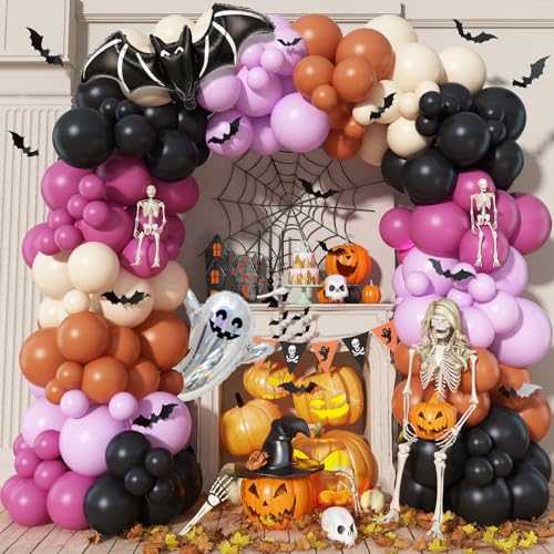 Jobkoo Halloween Luftballon Girlande Happy Halloween Deko Doppelschichten Lila Orange Ballon Girlande mit 3D Fledermaus Gespenst Folienballons für Kinder Halloween Party Baby Shower Geburtstagsdeko von Jobkoo