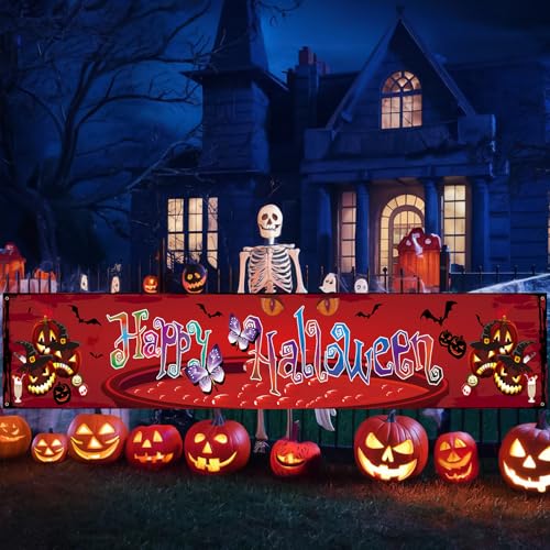 Jobkoo Halloween Banner XXL Outdoor Große Stoff Halloween Party Deko Banners Trick or Treat Kürbis Schläger Hexe Yard Hintergrund Banners für Draussen Indoor Wand Zaun Hof Halloween Dekoration von Jobkoo