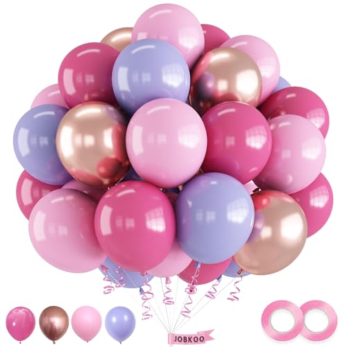 Luftballons Pink Lila, 60 Stück Rosa Pink Lila Ballons Set mit Metallic Roségold Luftballons, Knallpink Rosa Flieder Luftballons für Mädchen Prinzessin Geburtstag Deko Geburtstag Brautparty von Jobkoo