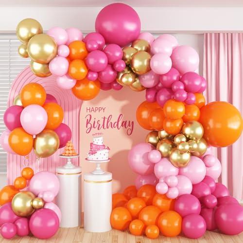 Luftballon Girlande Rosa Orange, 122 Stück Pink Orange Ballon Girlande mit Macaron Rosa Hot Pinke Orange Gold Helium Ballongirlande für Frauen Mädchen Tropische Geburtstag Sommer Hochzeit Party Deko von Jobkoo