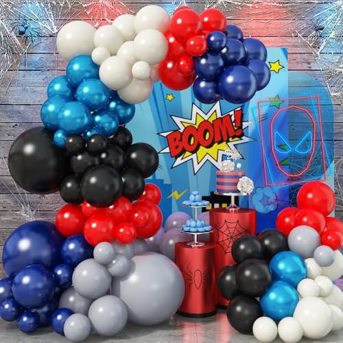 Luftballon Girlande Rot Blau Schwarz, 128 Stück Ballon Girlande Rot Schwarz Sandweiß Grau mit Doppelschichten Metallic Blau Ballons für Superhelden Themen Party Deko Abschlussfeier Geburtstagsdeko von Jobkoo