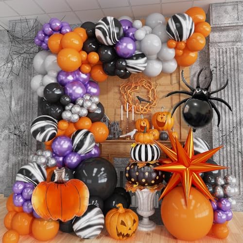 Halloween Ballons Girlande, Happy Halloween Deko Orange Schwarz Lila Luftballons Girlande, Spinne Kürbis Stern Folienballons Marmor Ballons für Kinder Gruselig Halloween Theme Party Geburtstagsdeko von Jobkoo