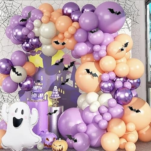 Halloween Luftballons Girlande für Mädchen, 111 Stück Halloween Deko Lila Beige Ballon mit 3D Fledermaus Gespenst Halloween Folienballon, Metallic Ballons Lila Halloween Geburtstagsdeko für Kinder von Jobkoo