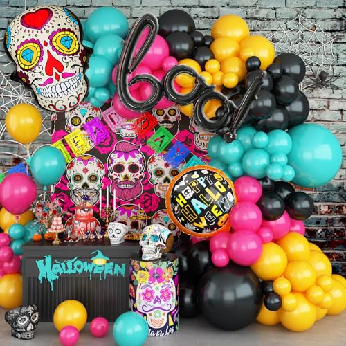 Dia De Los Muertos Deko Halloween Luftballon Girlande, Rosa Türkis Schwarz Gelb Ballons mit Sugar Skull BOO Folienballon, Helium Ballon für Day of the Dead Mexiko Altar Fiesta Deko Mexikanische Indoor von Jobkoo