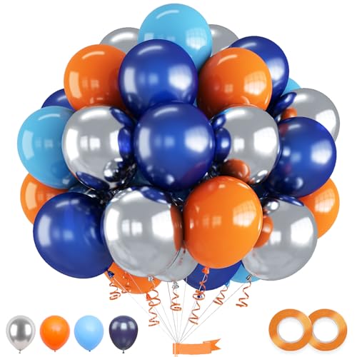 Luftballons Blau Orange, 55 Stück Luftballons Blau Silber Orange mit Metallic Silber Luftballons, Ballons Marineblau Macaron Pastell Blau für Kinder Junge Babyparty Weltraum Geburtstag Party Deko von Jobkoo