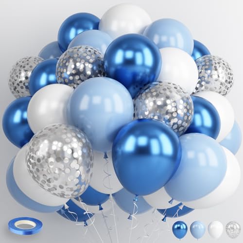 Luftballons Blau Weiß, 60 Stück Luftballons Blau Weisse mit Silber Konfetti Luftballons Metallic Blau Luftballons, Marineblau Hellblau Pastell Blau Luftballons für Kinder Junge Geburtstags Party Deko von Jobkoo