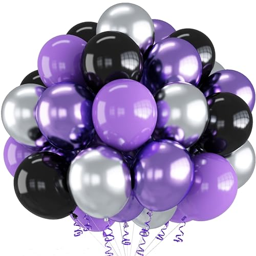 Luftballons Lila Schwarz, Luftballon Schwarz Lila mit Metallic Lila Luftballons Metallic Silber Luftballons, Flieder Macaron Lila Ballons für Prinzessin Party Mädchen Geburtstag Brautparty Deko von Jobkoo