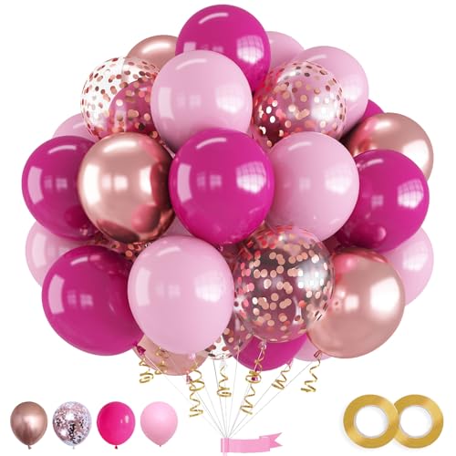 Luftballons Rosa Rosegold, 60 Stück Pink Rosa Ballons Set mit Rosegold Konfetti Luftballons Metallic Rosegold Luftballons, Knallpink Pastellrosa Macaron Pink Luftballons für Frauen Deko Geburtstag von Jobkoo