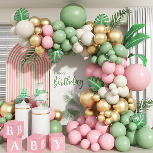 Luftballons Girlande Rosa Grün, 135 Stück Sage Grün Rosa Ballons, Olivgrün Sand Weiß Luftballons, Metallic Gold Ballons für Mädchen Babyparty Boho Geburtstag Dschungel Safari Party Hochzeit von Jobkoo