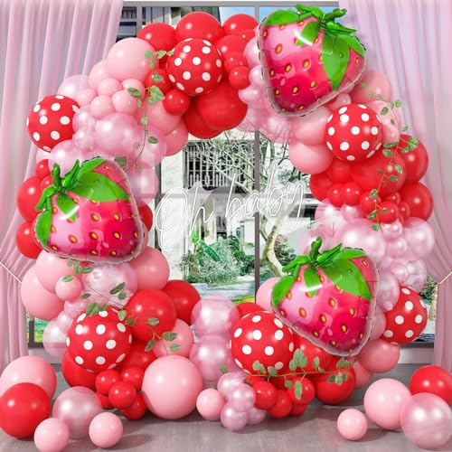 Luftballon Girlande Rosa, 110 Stück Erdbeer Deko Luftballon mit 18 Inch Strawberry Folienballon*3, Ballons Rot Pink Perlen Rosa Ballon Gepunktete für Erdbeeren Deko Geburtstagsdeko Mädchen Dekorations von Jobkoo