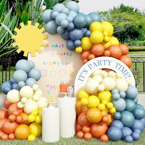 Sonne Deko Ballongirlande, 125 Stück Luftballons Girlande Orange Blau Gelb mit 25 Zoll Sonn Folienballon, Vintage Pastell Gelbe Graublau Ballons Bunt für Kinder Sommer Babyparty Mädchen Dekorations von Jobkoo