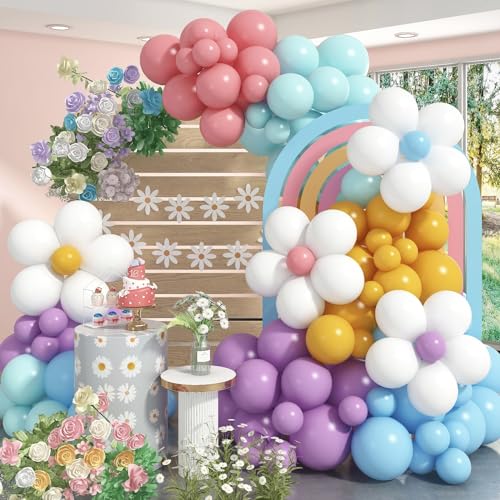 Luftballons Girlande Lila Blau Gelb, 119 PCS Luftballon Pastell Türkis Rosa mit DIY Gänseblümchen Deko Luftballon Geburtstag Mädchen, Partyballon Hochzeit Dekoration Ballonbogen für Groovy Party von Jobkoo