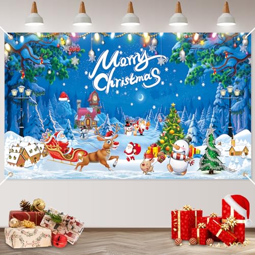 Weihnachten Banner Blau, Winter Schnee Frohe Weihnachten Deko Hintergrund Banner Extra Große Schneemann Weihnachtsmann Schlitten Elche Weihnachts Banners für Veranda Weihnachten Party Garten Wand Deko von Jobkoo