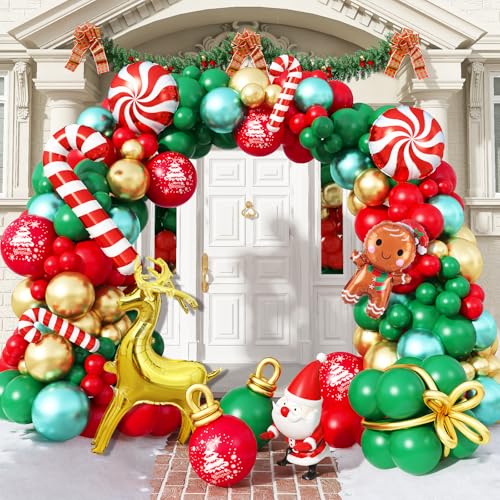 Jobkoo Weihnachtsdeko Luftballons 123 Stück Rot Grün Gold Weihnachten Ballon Girlande mit Zuckerstangen Folienballons Weihnachten Helium Ballon für Christmas Geburtstag Neujahr Weihnachtsfeier Deko von Jobkoo