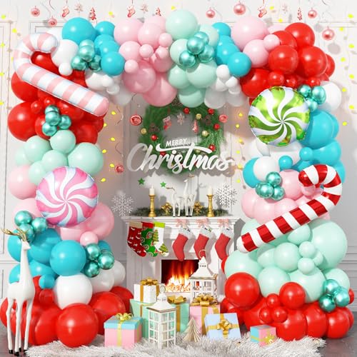 Jobkoo Ballons Weihnachten 146 Stück Rosa Rot Grün Türkis Luftballons Girlande Weihnachts Deko mit Zuckerstangen Folienballon für Christmas Babyparty Geburtstag Neujahr Weihnachtsfeier Deko Outdoor von Jobkoo