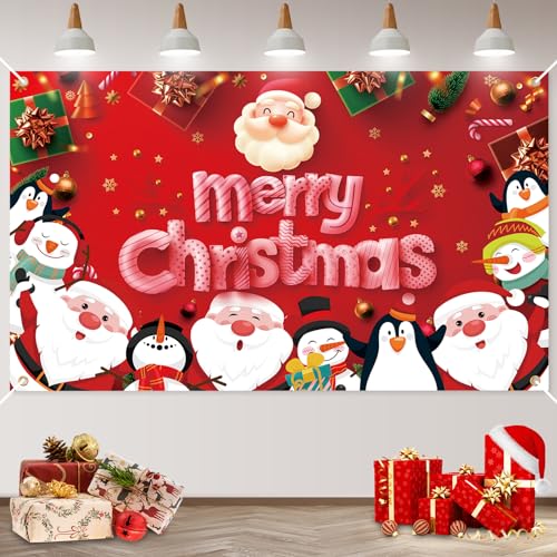 Weihnachts Banner Outdoor, Rot Große Frohe Weihnachten Banner Weihnachtsmann Geschenk Schneemann Weihnachtsgirlande Banner Deko Weihnachtsfeier Fotohintergrund für Drinnen Draußen Haus Wand Dekoration von Jobkoo