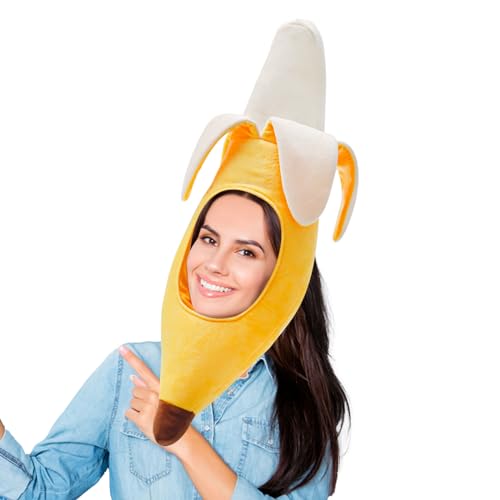 Jococs Bananenhut Kostüm, Plüsch Obst Kopfbedeckung für Erwachsene, Party Kostüm für Halloween Dress Up und Crazy Silly Bananenhut Rollenspiel Cosplay von Jococs