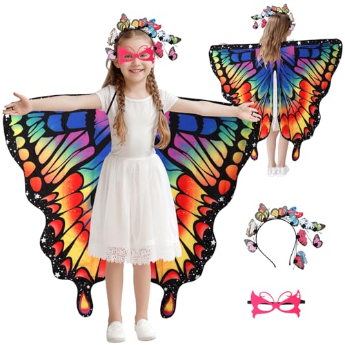 Jodimitty Schmetterling Kostüm Mädchen Doppelseitigen Druck Fee Schal mit Schmetterling Stirnband & Maske, Fancy Dress Up Flügel Cape für Kinder Party Halloween Kostüm (Bunt) von Jodimitty