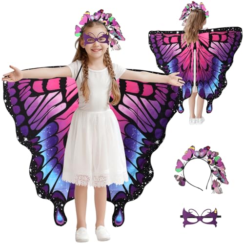 Jodimitty Schmetterling Kostüm Mädchen Doppelseitigen Druck Fee Schal mit Schmetterling Stirnband & Maske, Fancy Dress Up Flügel Cape für Kinder Party Halloween Kostüm (Lila) von Jodimitty