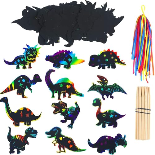 12 Stück Dinosaurier Kratzbilder für Kinder,Tier Kratzpapier Scratch Art mit Holzstiften und Bändern,Personalisiert Magie Scratch Papier Lesezeichen Dinosaurier Ornament für Kinder Spiele Zubehör (C) von Jodsen