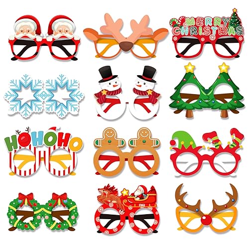 12 Stück Weihnachtsbrille Brille Rahmen lustig Weihnachts Papier Brille Neuheit Weihnachten Foto Requisiten Brillenrahmen Weihnachtsgläser Brille für Weihnachsparty Kostüm Dekoration Kinder Erwachse von Jodsen