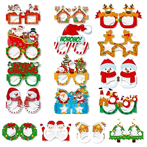 16 Stück Weihnachtsbrillen Set Lustig Weihnachtsbrillengestell Neuheit Weihnachtspapier Partybrille Karneval Photo Booth Requisiten Lustige Brillen Weihnachts Kostüm Dekoration für Kinder Erwachsene von Jodsen