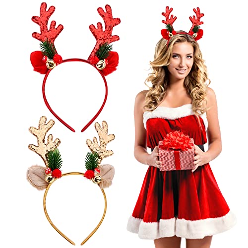 2 Stück Weihnachten Stirnband Rentier Geweih Haarreifen Partyhüte Xmas Haarband Haarreif mit Ohren Weihnachten Kopfhut Kostüm Stirnbänder Fotostand Kopfschmuck Partydekoration für Kinder Erwachsene von Jodsen