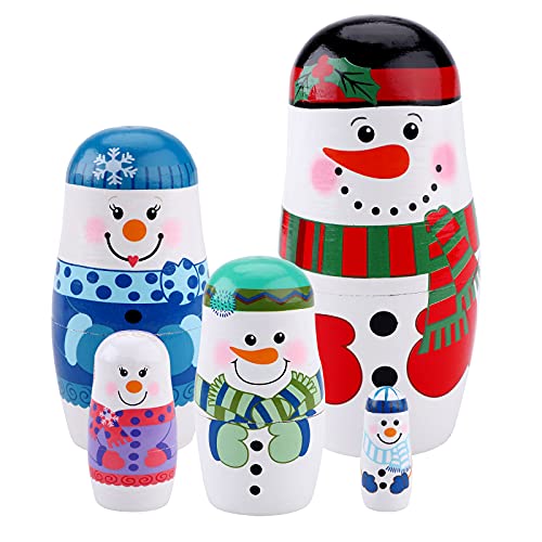 Jodsen Russische Nesting Dolls Weihnachtsmann Matroschka russische Verschachtelungspuppen Schneemann Matryoshka Holz Schneemann Matroschka Puppen Set Geschenk für Weihnachten Dekoration, 5 Stück von Jodsen