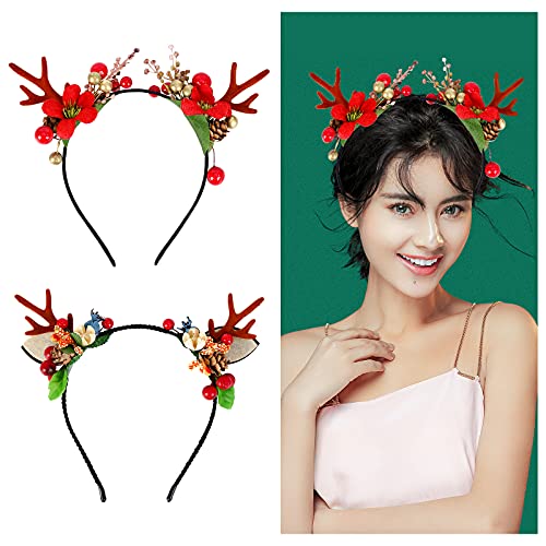 Weihnachten Stirnband, 2 Stück Geweih Weihnachten Stirnband mit Blumen Elch Hirsch Weihnachts Kopfbedeckung Haarschmuck für Erwachsene Frauen und Mädchen Urlaub Party Requisiten Kostümzubehör von Jodsen