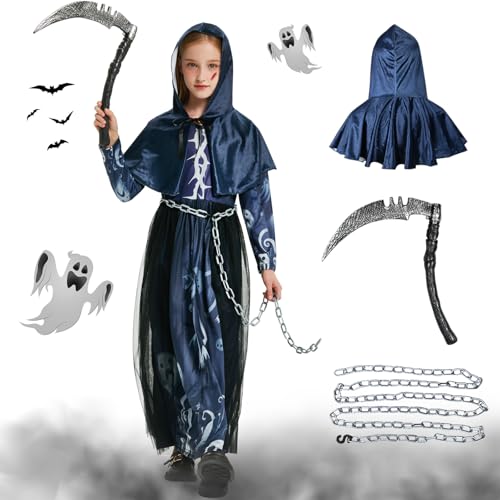 Halloween Sensenmann Kostüm Mädchen, Grim Reaper Kostüm für Kinder, Gespensterprinzessin Gruselige Kostüme mit Inklusive Sichel, Kap mit Kapuze, Metallkette, für Karneval Cosplay (10-12 Jahre alt) von Joellfuner