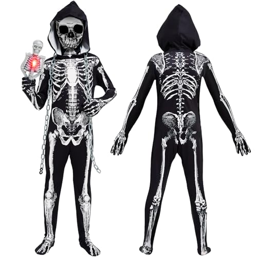 Joellfuner 3D Skelett Anzug Kinder, Kinder Skelett Kostüm mit Kapuze und Skelett Laterne, Skelett Grim Reaper Kostüme mit Maske und Ketten, Overall Skelett Jungen für Halloween Cosplay Faschings (130) von Joellfuner