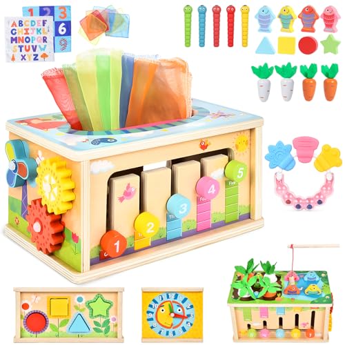 Joellfuner 8 in 1Motorikwürfel Baby Spielzeug, Holzspielzeug Baby Tücherbox mit Handrassel für Kinder, Montessori Spielzeug 0-4 Jahr, Sensorik Spielzeug Baby Geschenk Junge Mädchen von Joellfuner