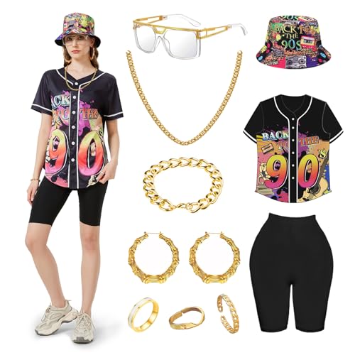 Joellfuner 8PCS 80er 90er Jahre Outfit Damen, Hip Hop Kostüm Damen, Bad Taste Outfit Damen, Faschingskostüme Damen mit Hüten Brillen Halsketten Ohrringen Armbändern Ringen (L) von Joellfuner